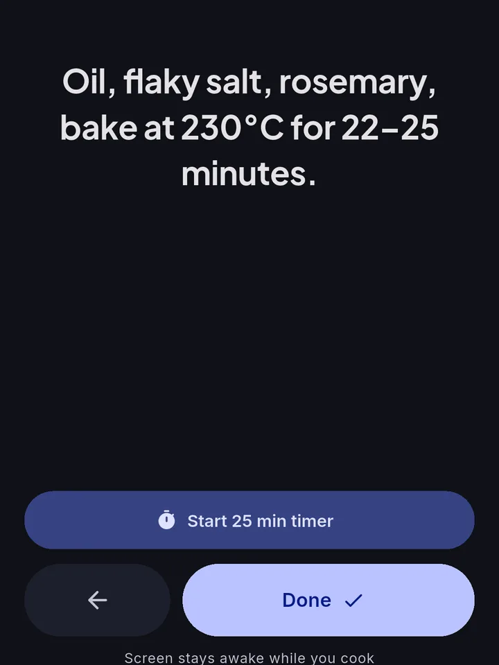 Cook mode: one step in large type, with a 25-minute timer button