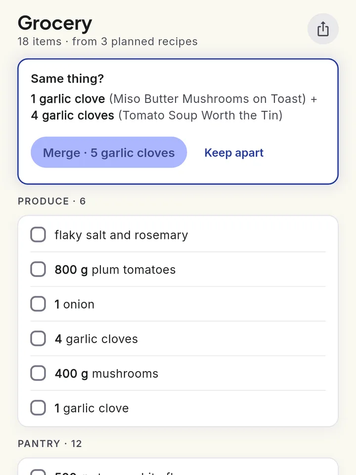 Grocery list of 18 items from 3 recipes, asking whether to merge garlic cloves