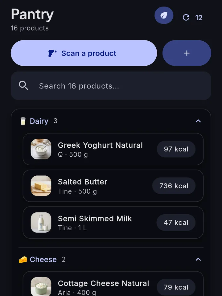 Pantry with a Scan a product button and the dairy shelf open