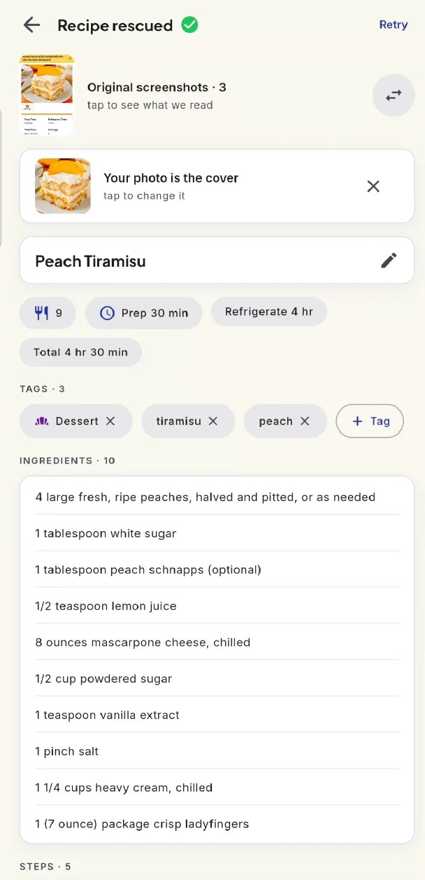 The rescued recipe, shown for review before saving